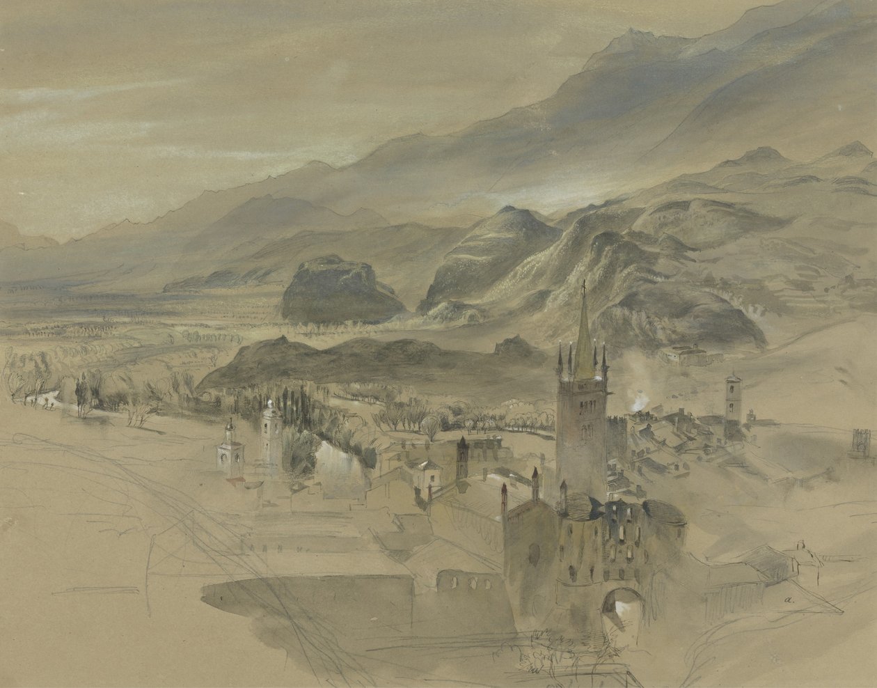 d Utsikt over Sion, Valais, fra Chateau de Valere, ca. 1863 (wc og kroppsfarge over grafitt på papir) av John Ruskin