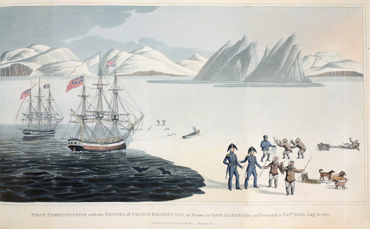 Første kommunikasjon med de innfødte i Regents Bay den 10. august 1818, illustrasjon fra A Voyage of Discovery..., 1819 farge litho av John Sackhouse