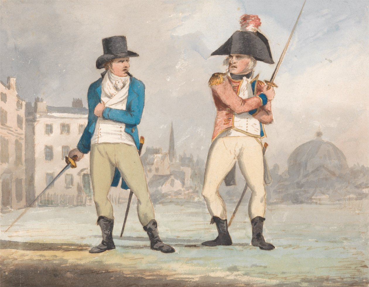 Karikatur av to menn med trukket sverd (ett av et sett med tre) av John Sell Cotman