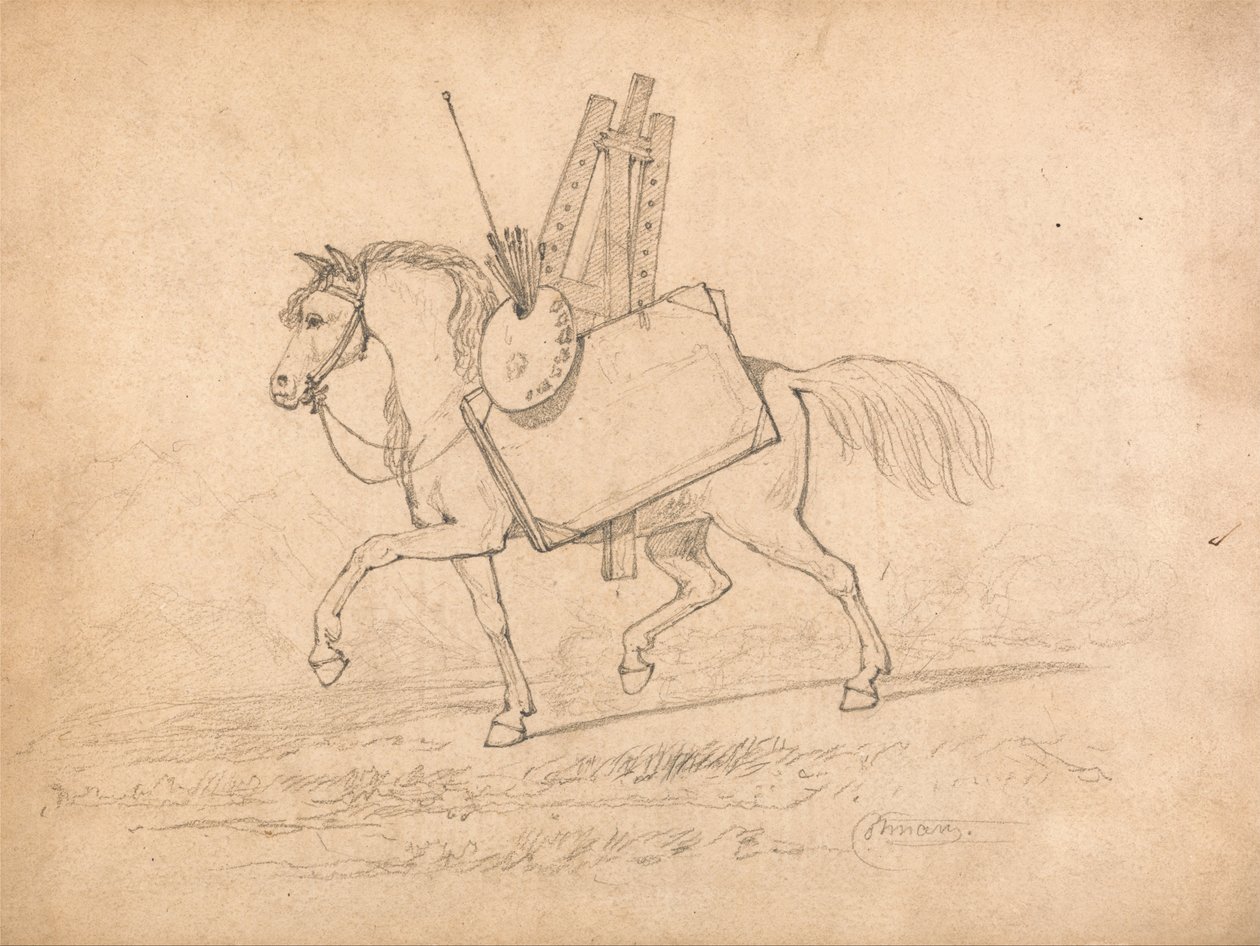Hest lastet med kunstnerutstyr av John Sell Cotman