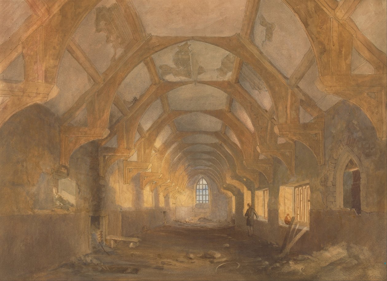 Interiør i en sovesal for Ipswich Blackfriars på slutten av okkupasjonsperioden av Ipswich ... av John Sell Cotman