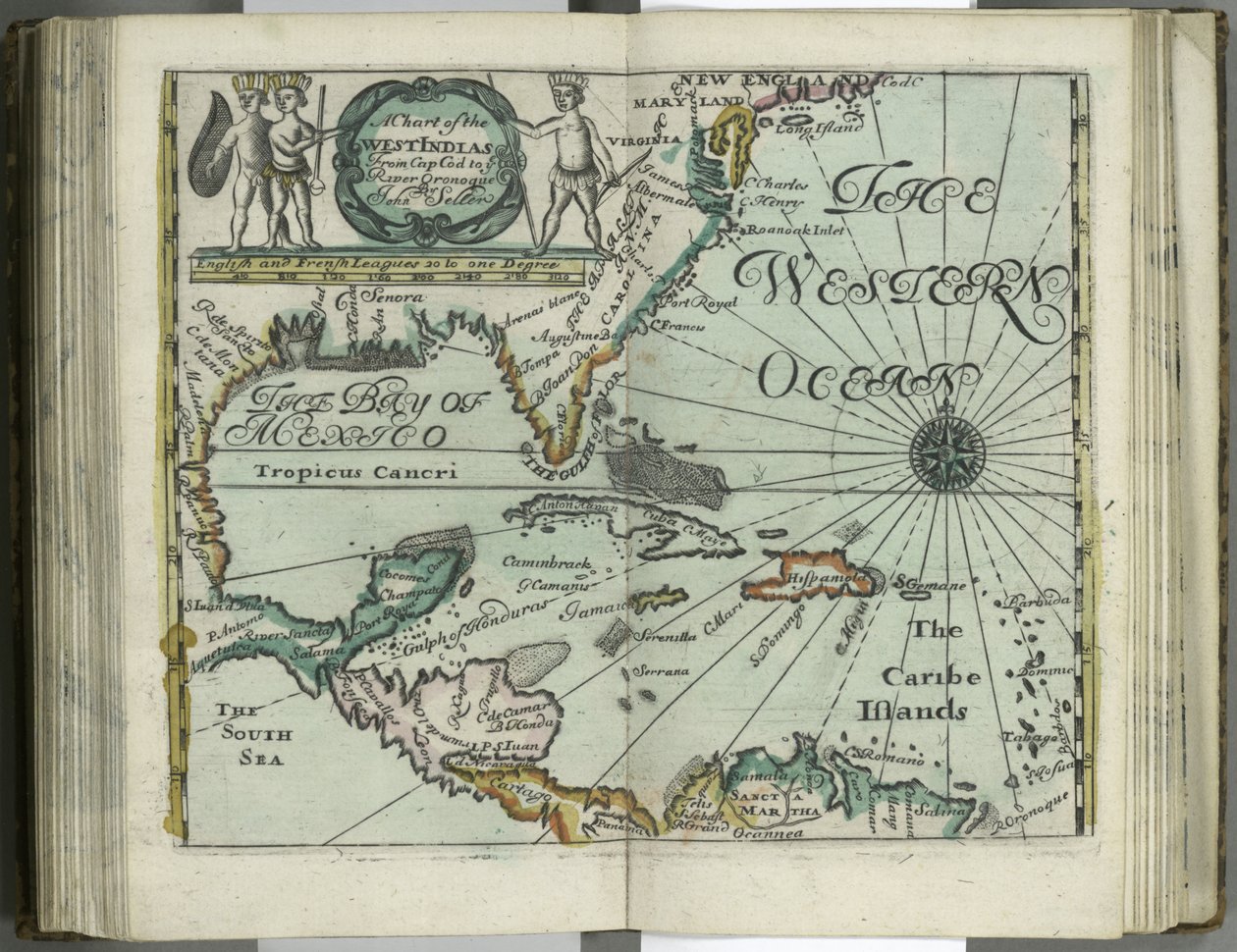Et kart over Vestindia fra Cape Cod til elven Oronoque fra Atlas maritimus av John Seller, 1682 (håndfarget gravering) av John Seller