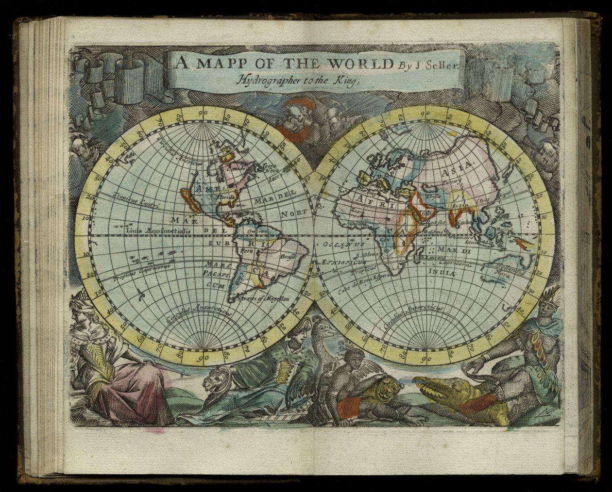 Et kart over verden fra Atlas maritimus av John Seller, 1682 (håndfarget gravering) av John Seller