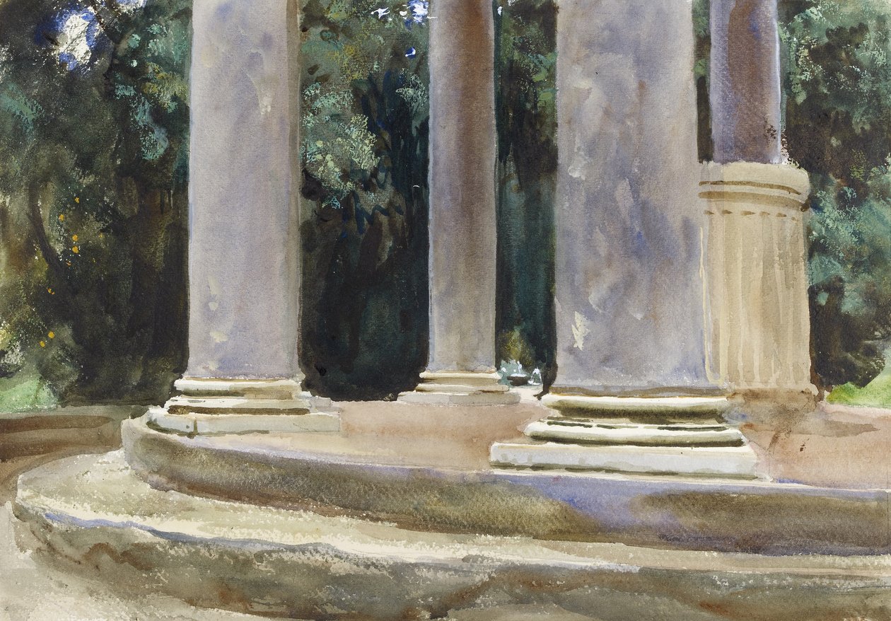 A View between the Columns of a Tempietto (akvarell og innslag av kroppsfarge over indikasjoner i grafitt på grovt papir) av John Singer Sargent