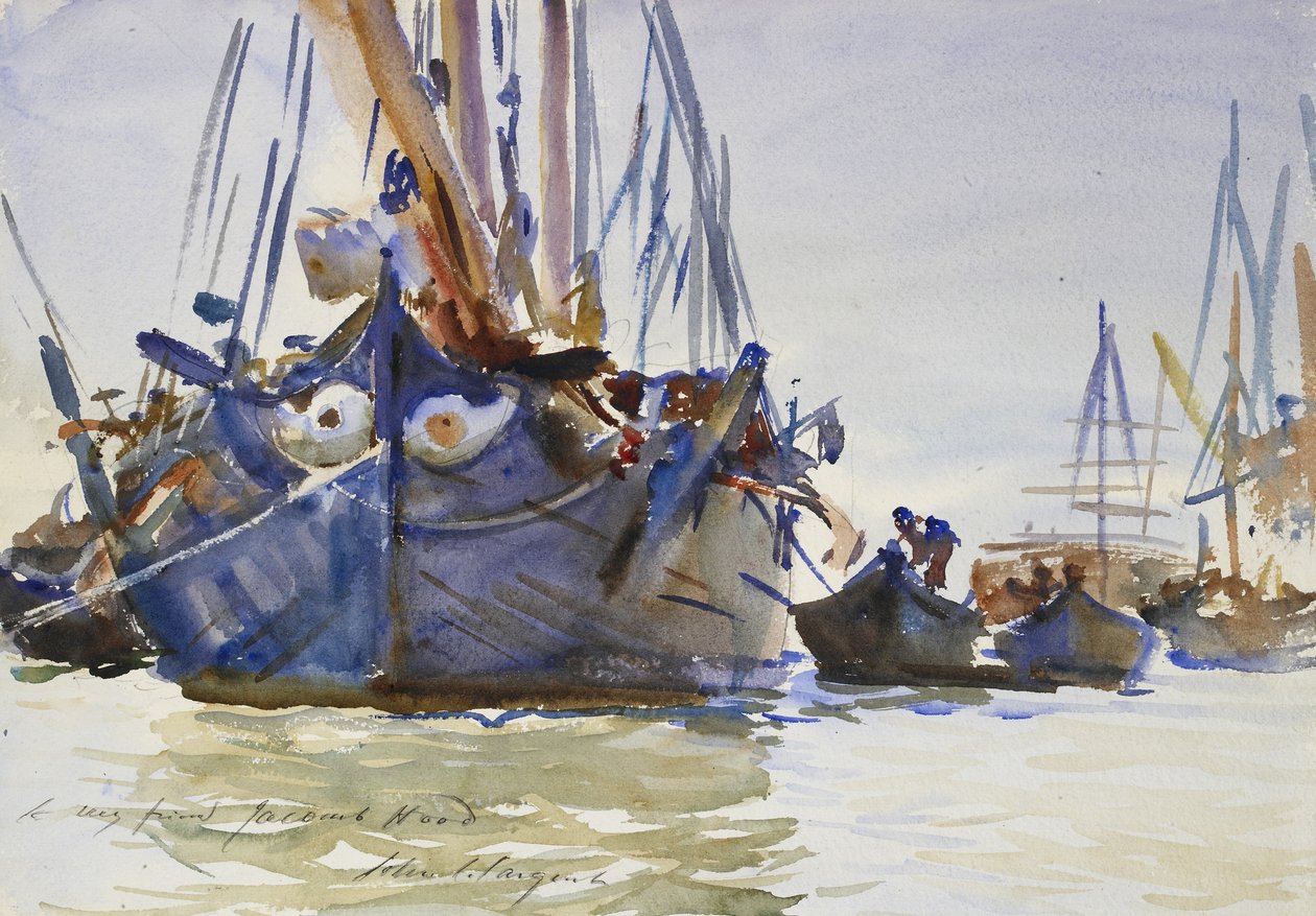 Italienske seilfartøy ved anker (akvarell over indikasjoner i grafitt på grovt papir) av John Singer Sargent