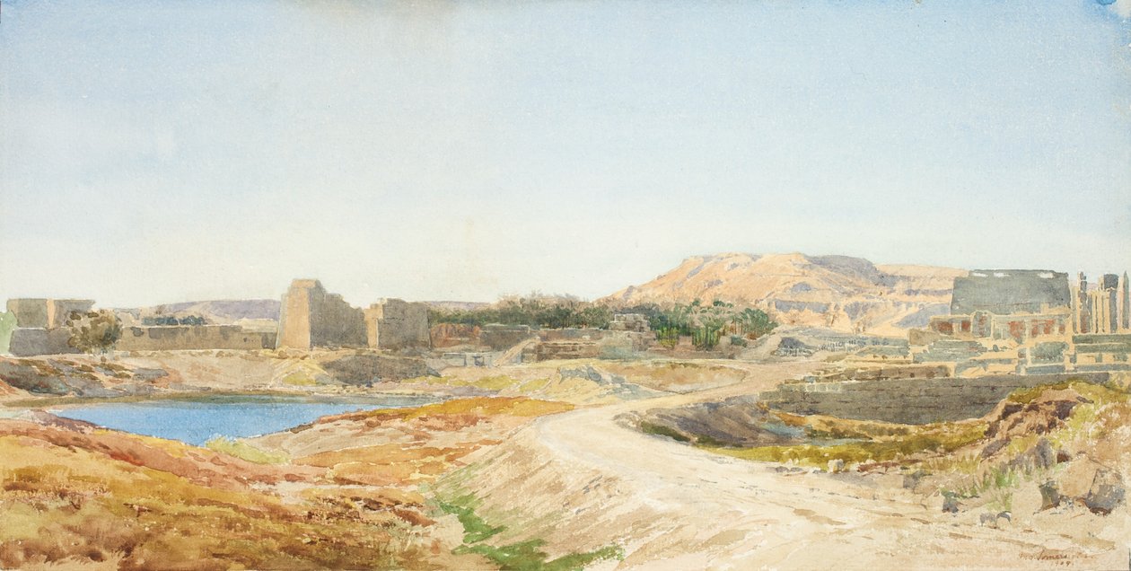 Den hellige innsjøen og ruinene av tempelet i Karnak, ca. 1907-10 av John Somerscales