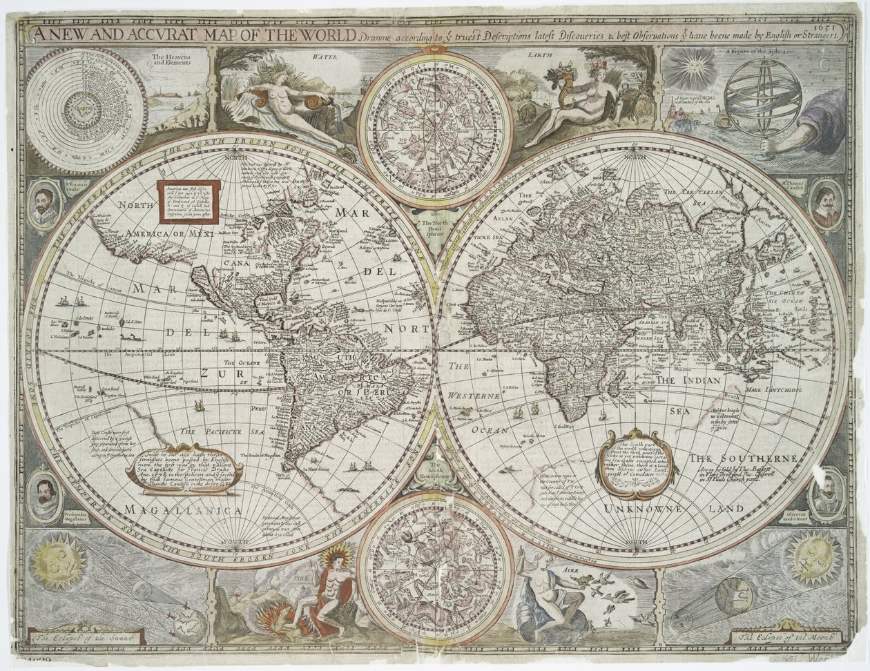 Et nytt og nøyaktig kart over verden, 1676 (håndfarget trykk) av John Speed