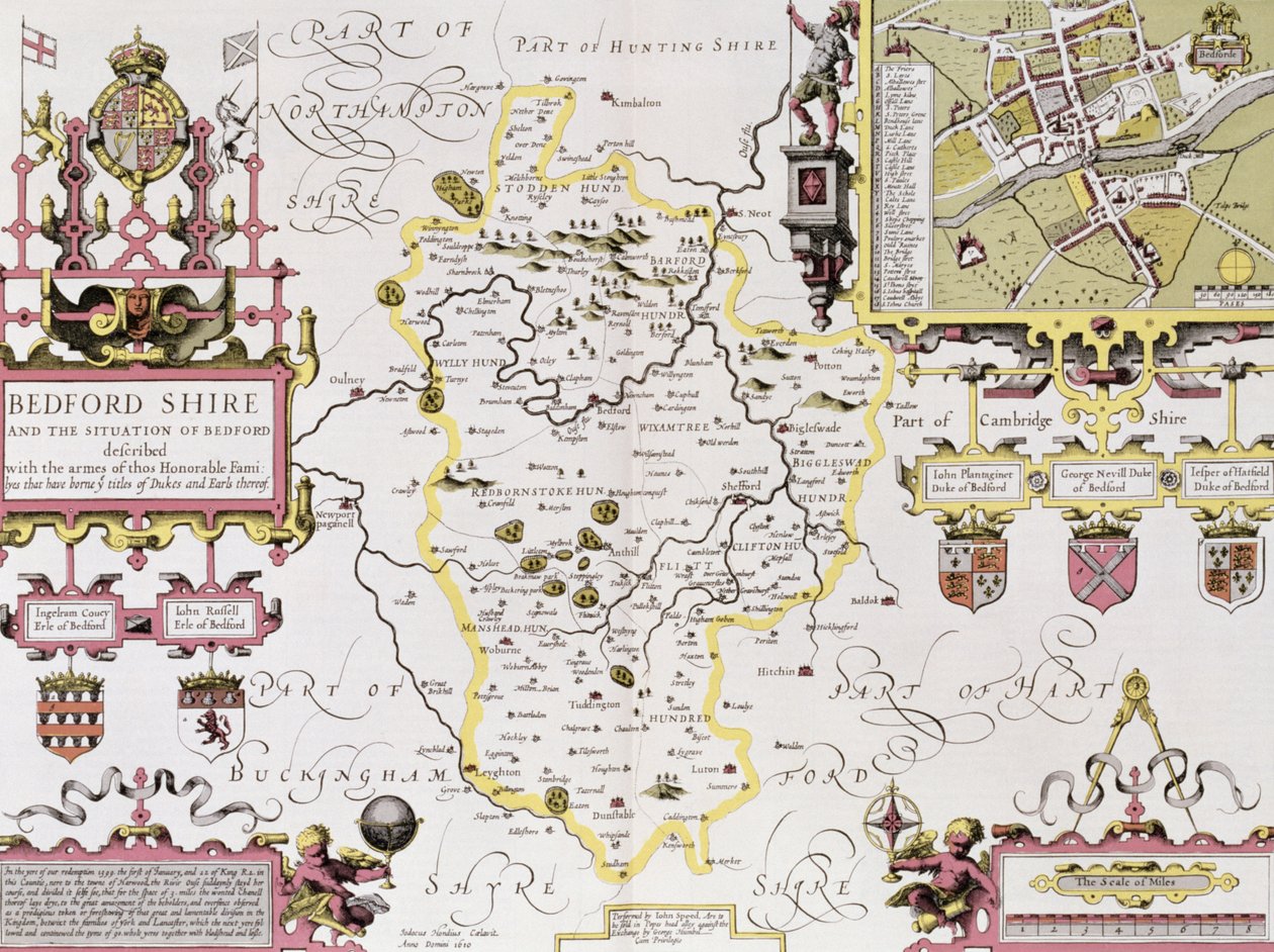 Bedfordshire og situasjonen til Bedford, gravert av Jodocus Hondius (1563-1612) fra John Speeds "Theatre of the Empire of Great Britain", pub. av John Sudbury og George Humble, 1611-12 (håndkol av John Speed