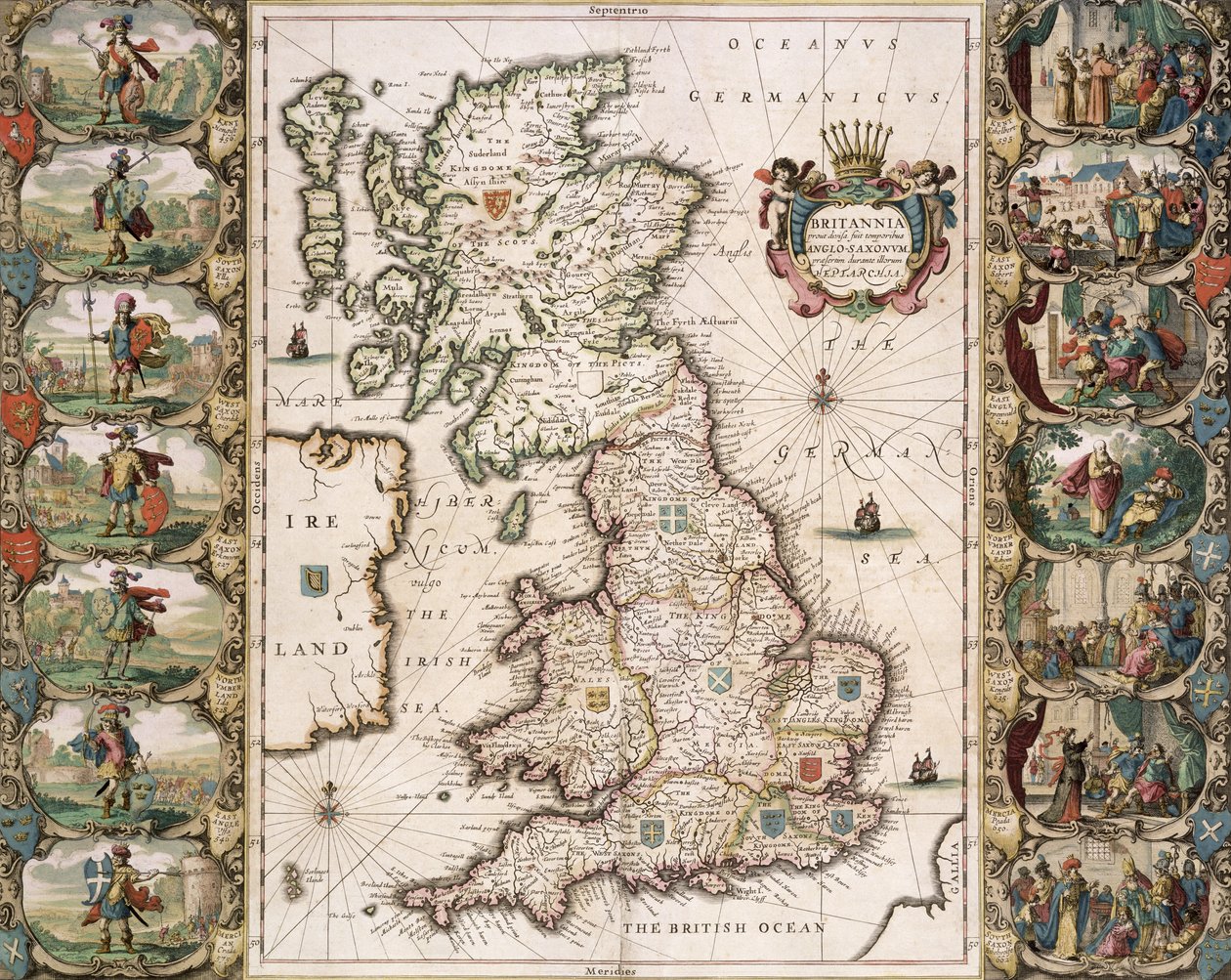 Storbritannia slik det ble bestemt i de engelske saksernes tid, 1616 (fargegravering) av John Speed