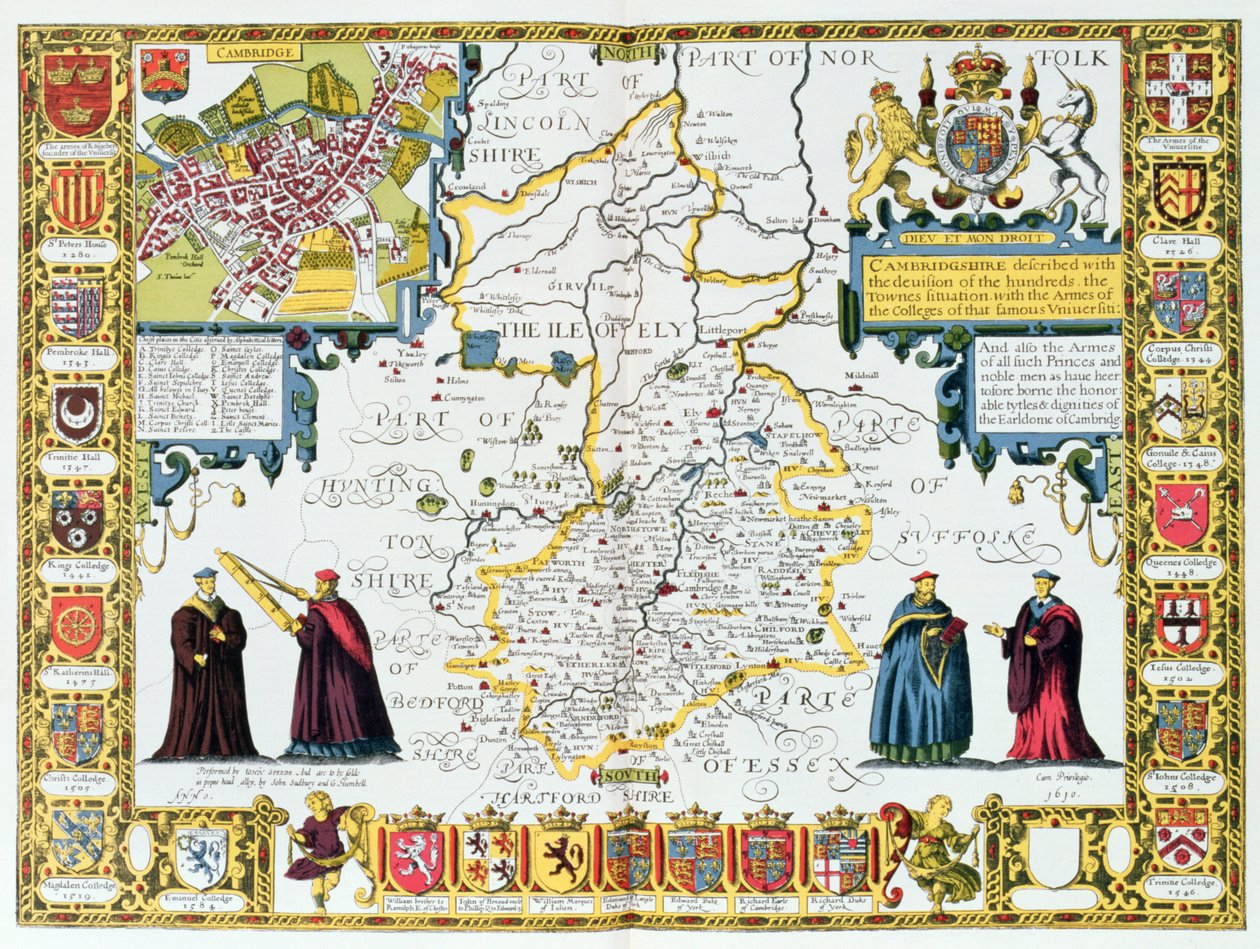 Cambridgeshire, gravert av Jodocus Hondius (1563-1612) fra John Speeds "Theatre of the Empire of Great Britain", pub. av John Sudbury og George Humble, 1611-12 (håndfarget kobbergravering) av John Speed