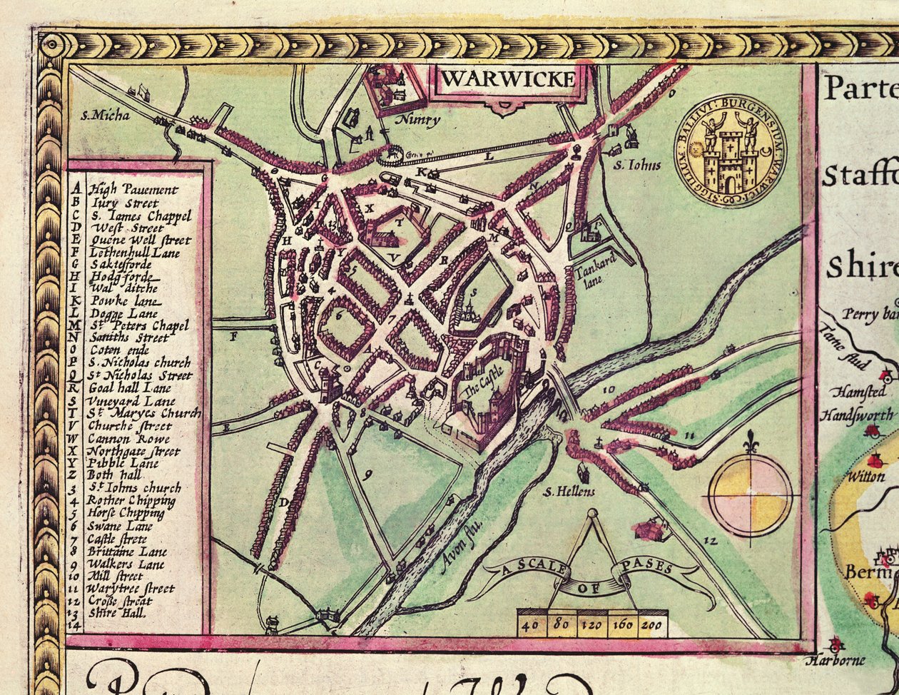 Detalj av Warwick, fra The County of Warwick, Shire Town og City of Coventry, fra John Speeds "Theatre of the Empire of Great Britain", gravert av Jodocus Hondius (1567-1611), pub. av John Su av John Speed