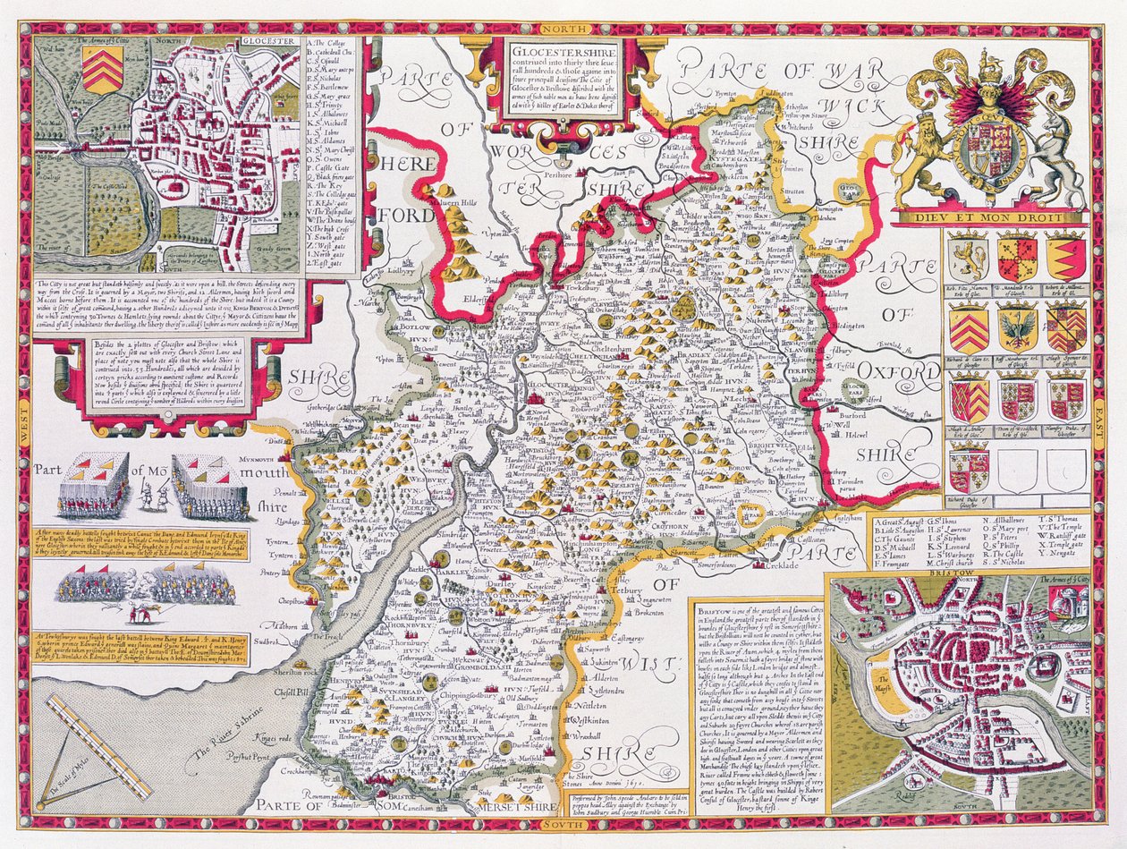 Gloucestershire, gravert av Jodocus Hondius (1563-1612) fra John Speeds "Theatre of the Empire of Great Britain", pub. av John Sudbury og George Humble, 1611-12 (håndfarget kobbergravering) av John Speed