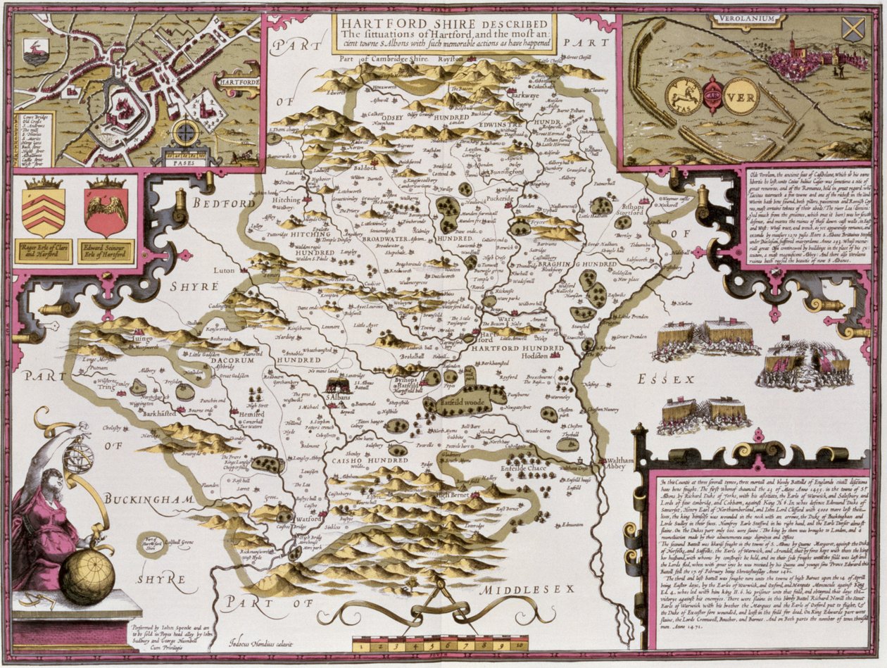 Hartfordshire og situasjonen til Hartford, gravert av Jodocus Hondius (1563-1612) fra John Speeds "Theatre of the Empire of Great Britain", pub. av John Sudbury og George Humble, 1611-12 (hånd ca av John Speed