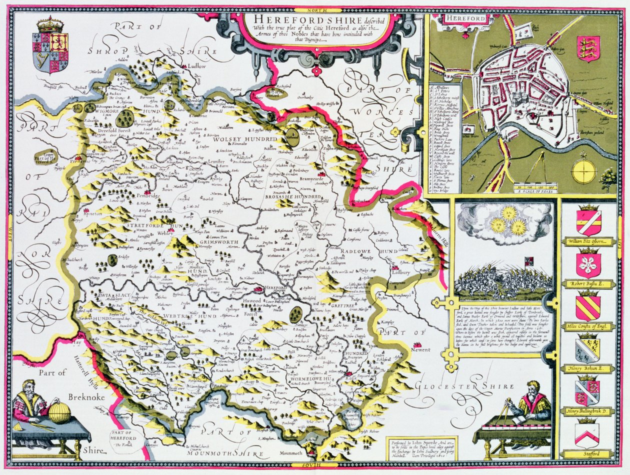 Herefordshire, gravert av Jodocus Hondius (1563-1612) fra John Speeds "Theatre of the Empire of Great Britain", pub. av John Sudbury og George Humble, 1611-12 (håndfarget kobbergravering) av John Speed