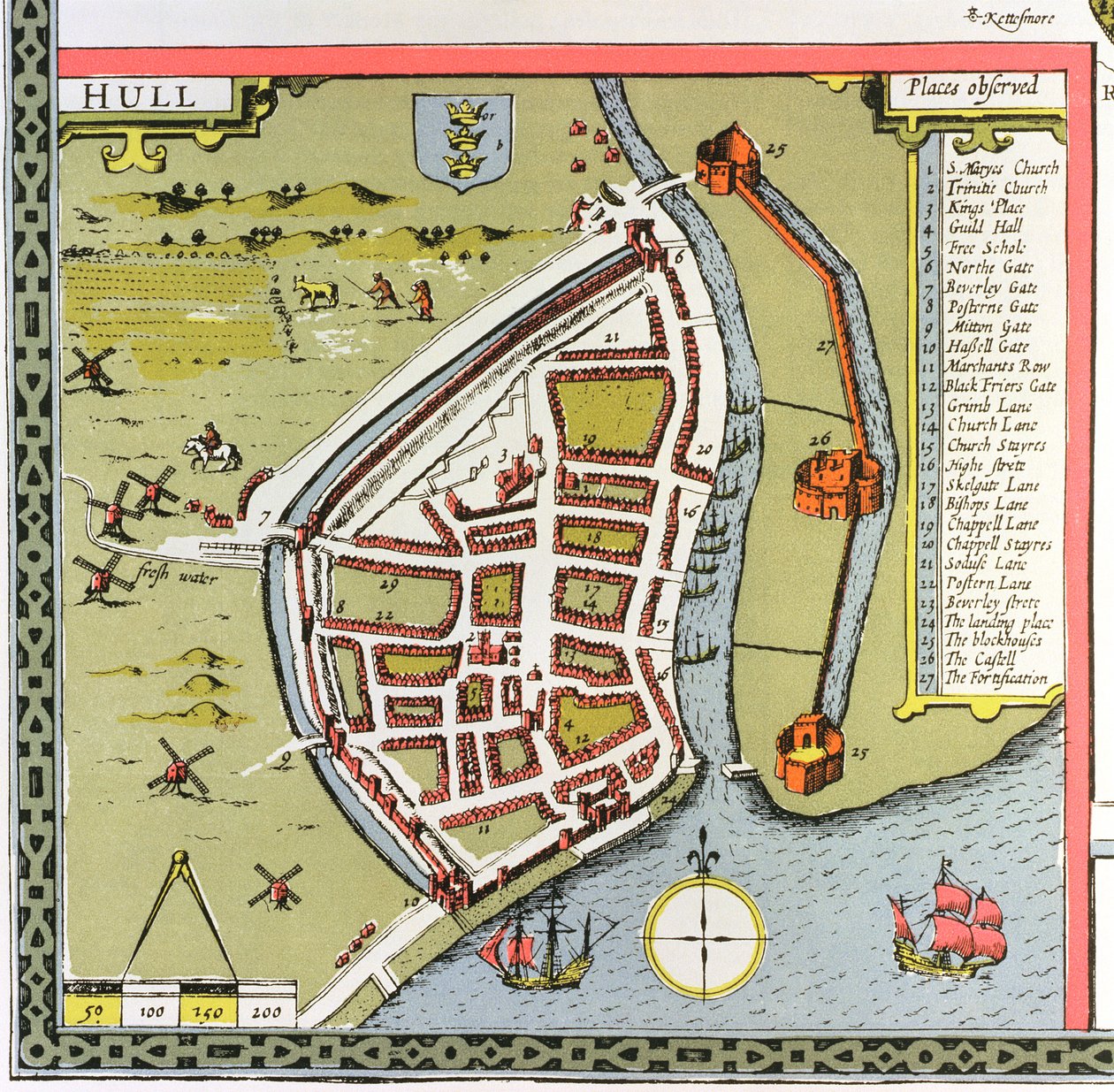 Skrog, detalj fra kartet over North and East Ridings of Yorkshire, gravert av Jodocus Hondius (1563-1612) fra John Speeds "Theatre of the Empire of Great Britain", pub. av John Sudbury og Georg av John Speed
