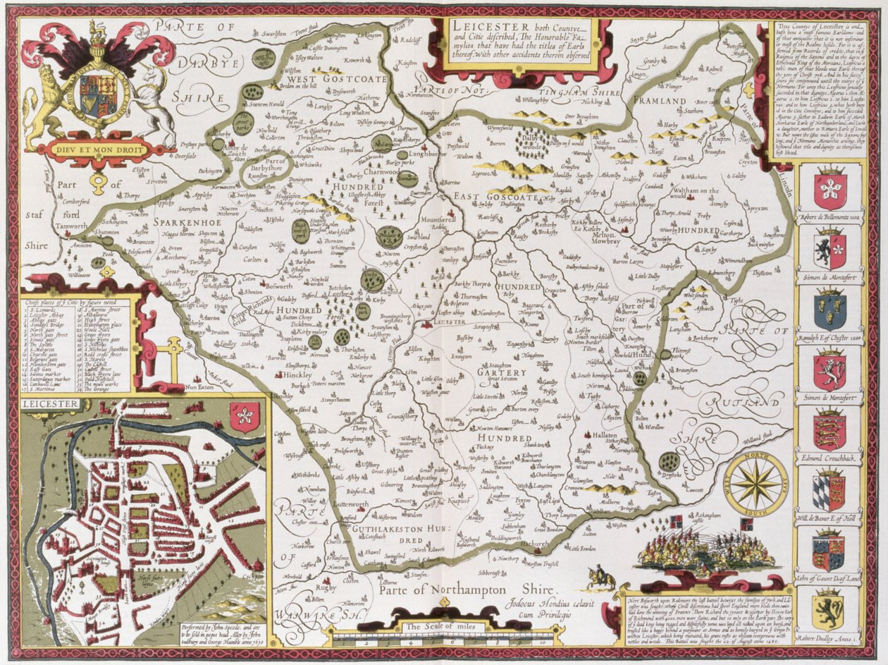 Leicester, gravert av Jodocus Hondius (1563-1612) fra John Speeds "Theatre of the Empire of Great Britain", pub. av John Sudbury og George Humble, 1611-12 (håndfarget kobbergravering) av John Speed