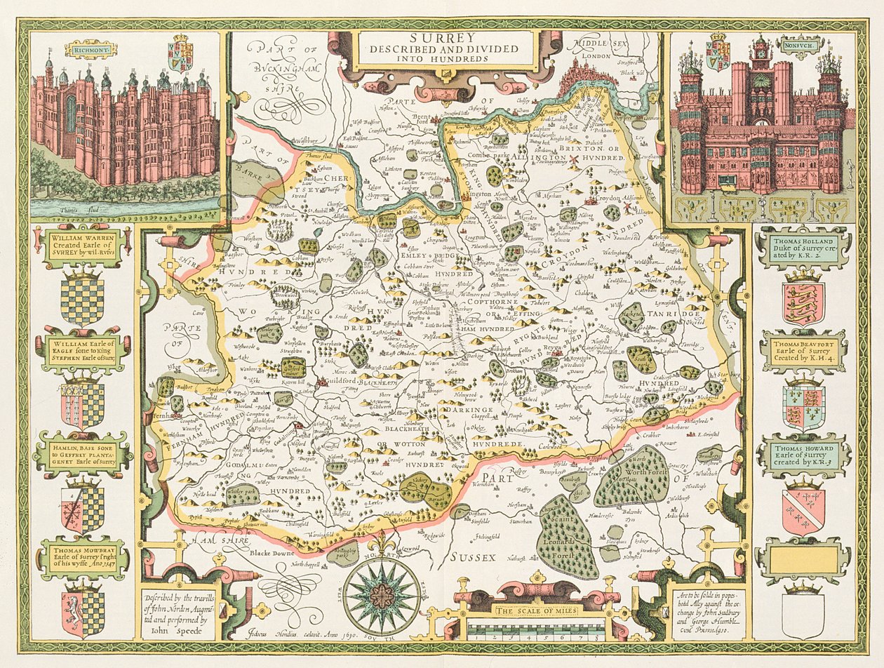 Kart over Surrey, gravert av Jodocus Hondius (1563-1612) fra John Speed