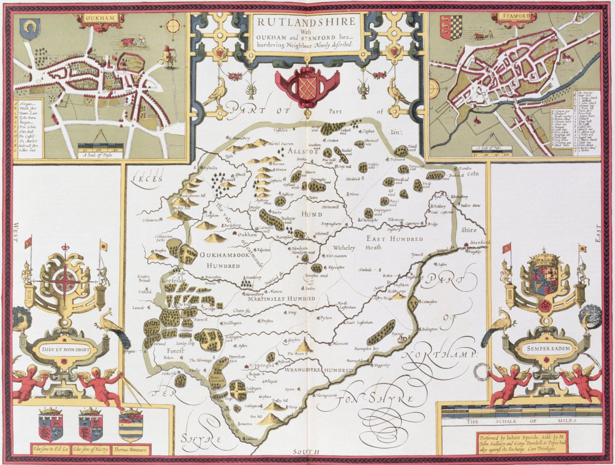 Rutlandshire med Oukham og Stanford, gravert av Jodocus Hondius (1563-1612) fra John Speeds "Theatre of the Empire of Great Britain", pub. av John Sudbury og George Humble, 1611-12 (håndfarge av John Speed