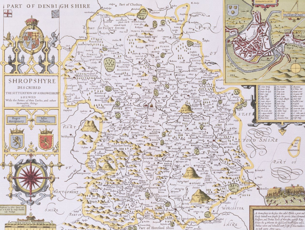 Shropshyre, gravert av Jodocus Hondius (1563-1612) fra John Speeds "Theatre of the Empire of Great Britain", pub. av John Sudbury og George Humble, 1611-12 (håndfarget kobbergravering) av John Speed