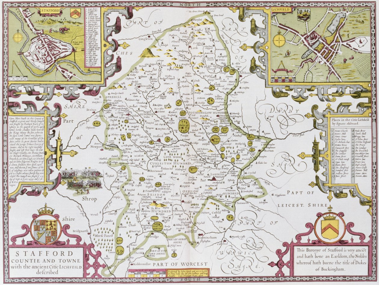 Stafford County and Town, gravert av Jodocus Hondius (1563-1612) fra John Speeds "Theatre of the Empire of Great Britain", pub. av John Sudbury og George Humble, 1611-12 (håndfarget kobber engr av John Speed