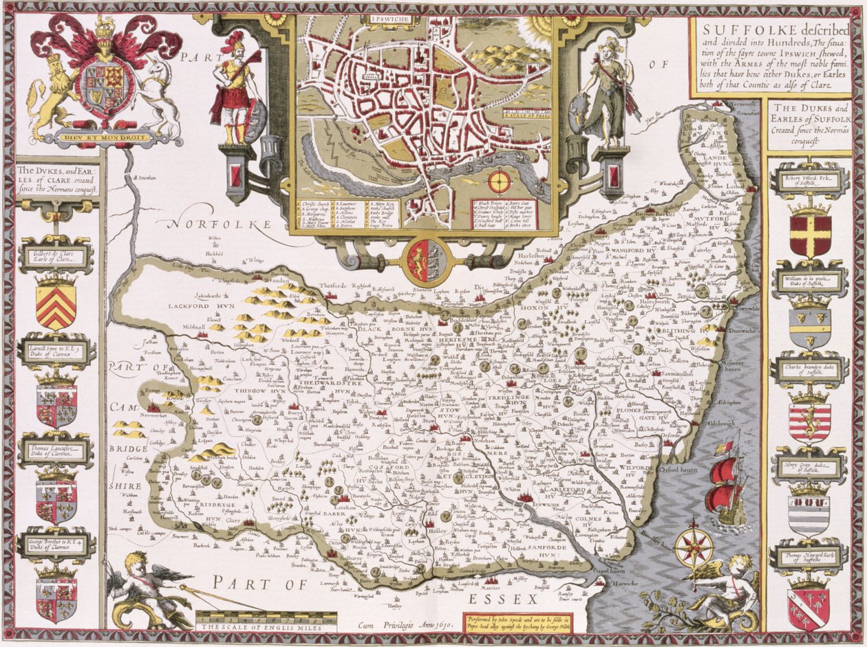 Suffolk og situasjonen til Ipswich, gravert av Jodocus Hondius (1563-1612) fra John Speeds "Theatre of the Empire of Great Britain", pub. av John Sudbury og George Humble, 1611-12 (håndfarget av John Speed