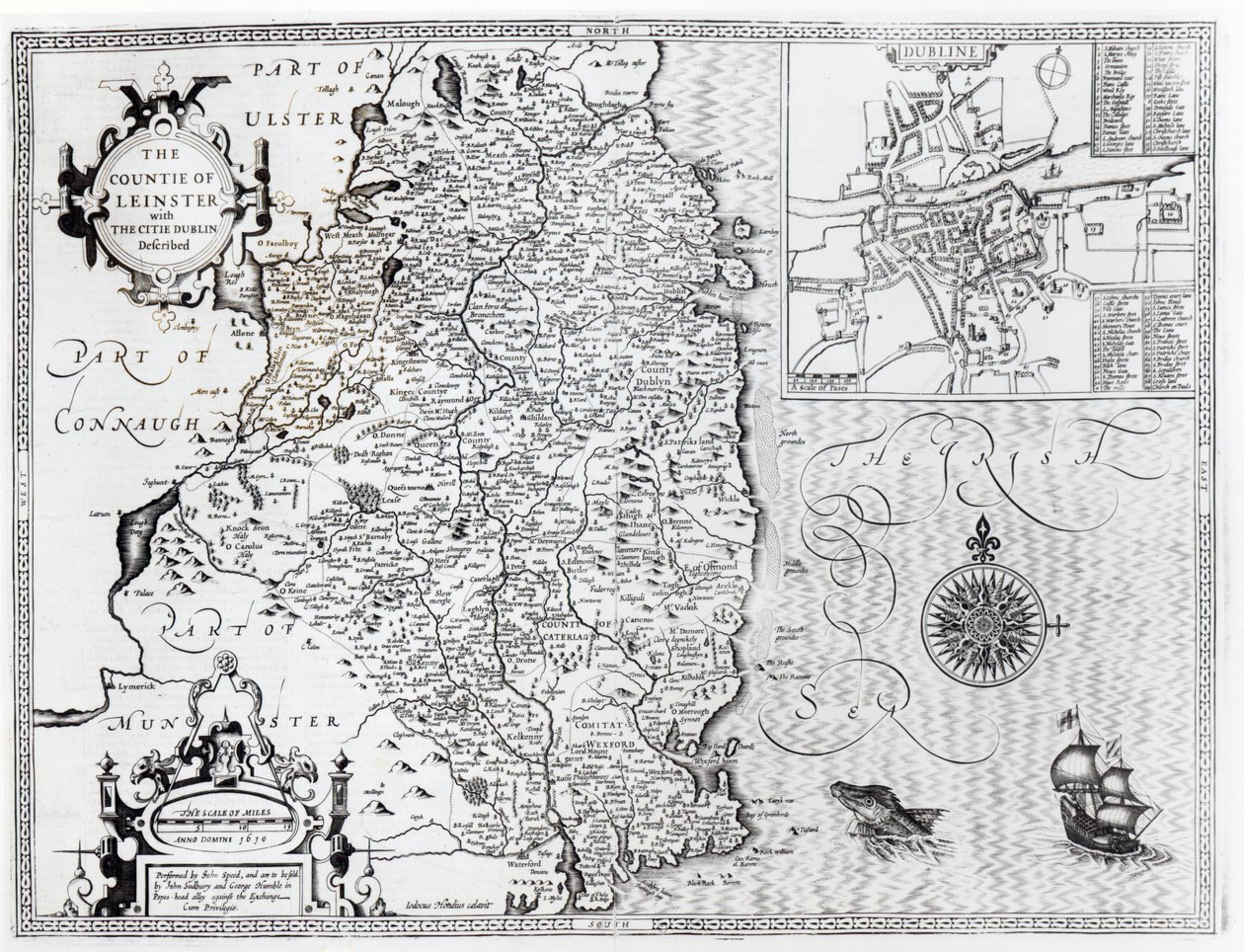 County of Leinster med byen Dublin beskrevet, gravert av Jodocus Hondius (1563-1612), fra "Theatre of the Empire of Great Britain", pub. av John Sudbury og George Humble, 1611-12 (engra av John Speed