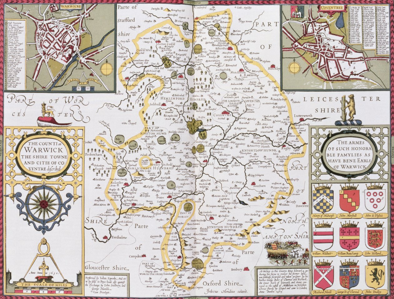 County of Warwick, Shire Town og City of Coventry, gravert av Jodocus Hondius (1563-1612) fra John Speeds "Theatre of the Empire of Great Britain", pub. av John Sudbury og George Humb av John Speed