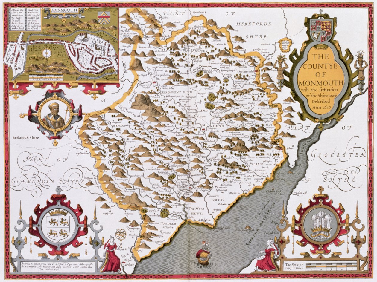 The Countye of Monmouth, gravert av Jodocus Hondius (1563-1612) fra John Speeds "Theatre of the Empire of Great Britain", pub. av John Sudbury og George Humble, 1611-12 (håndfarget kobber engra av John Speed
