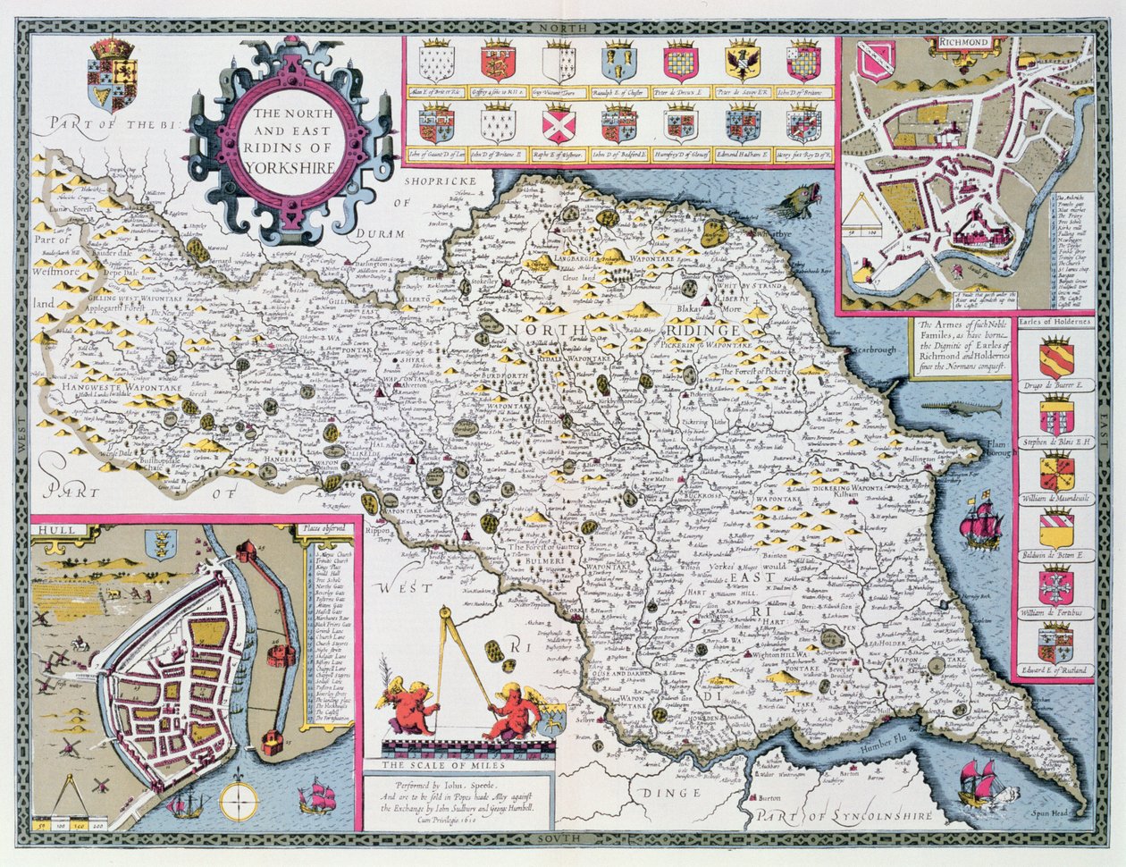 The North and East Ridings of Yorkshire, gravert av Jodocus Hondius (1563-1612) fra John Speeds "Theatre of the Empire of Great Britain", pub. av John Sudbury og George Humble, 1611-12 (håndfarge av John Speed