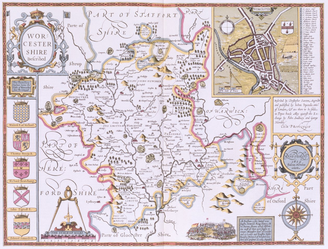 Worcestershire, gravert av Jodocus Hondius (1563-1612) fra John Speeds "Theatre of the Empire of Great Britain", pub. av John Sudbury og George Humble 1611-12 (håndfarget kobbergravering) av John Speed