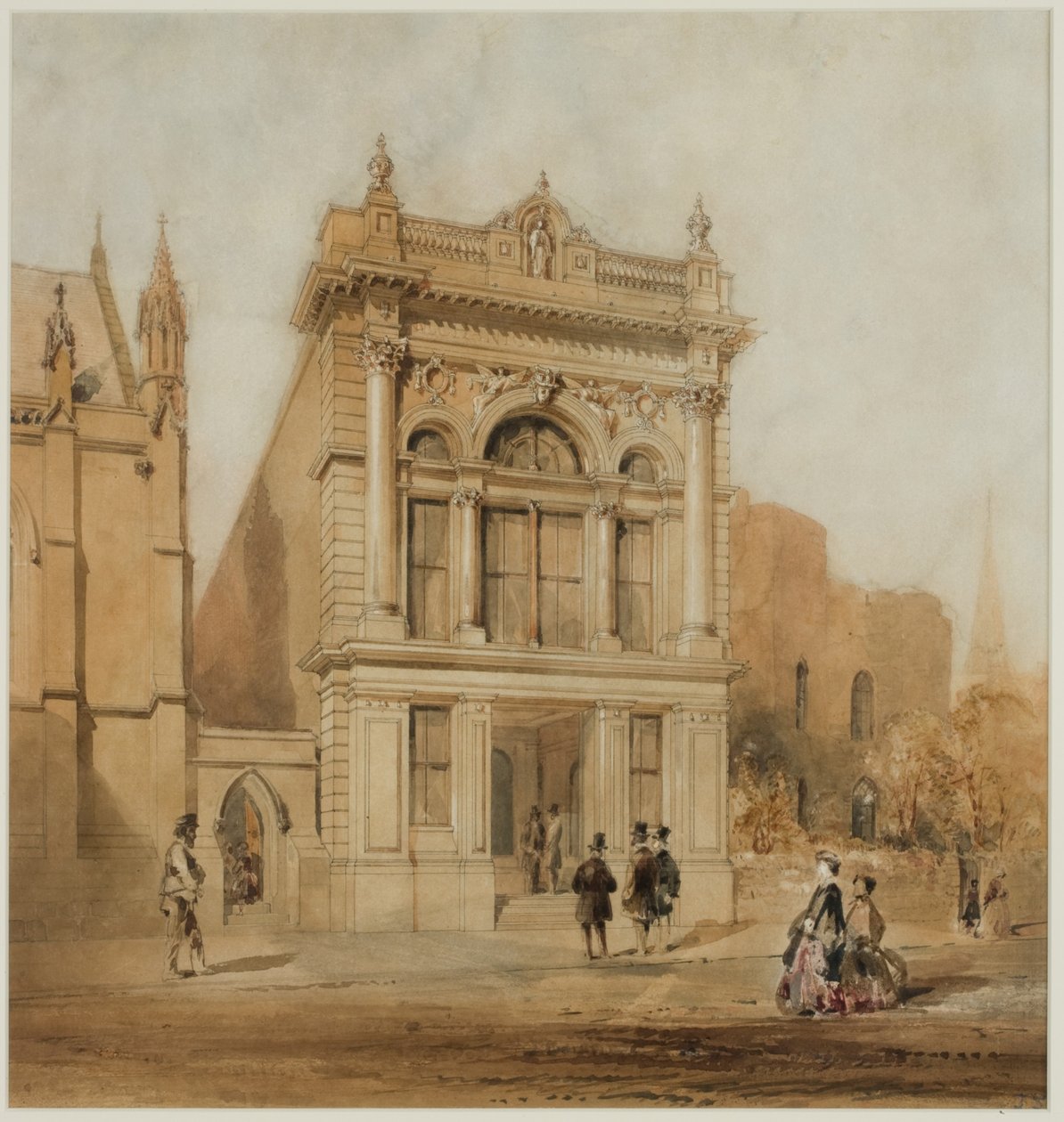 Design for Mechanics Institute, Newcastle upon Tyne, 1863 (blekk og wc på papir på kort) av John Storey