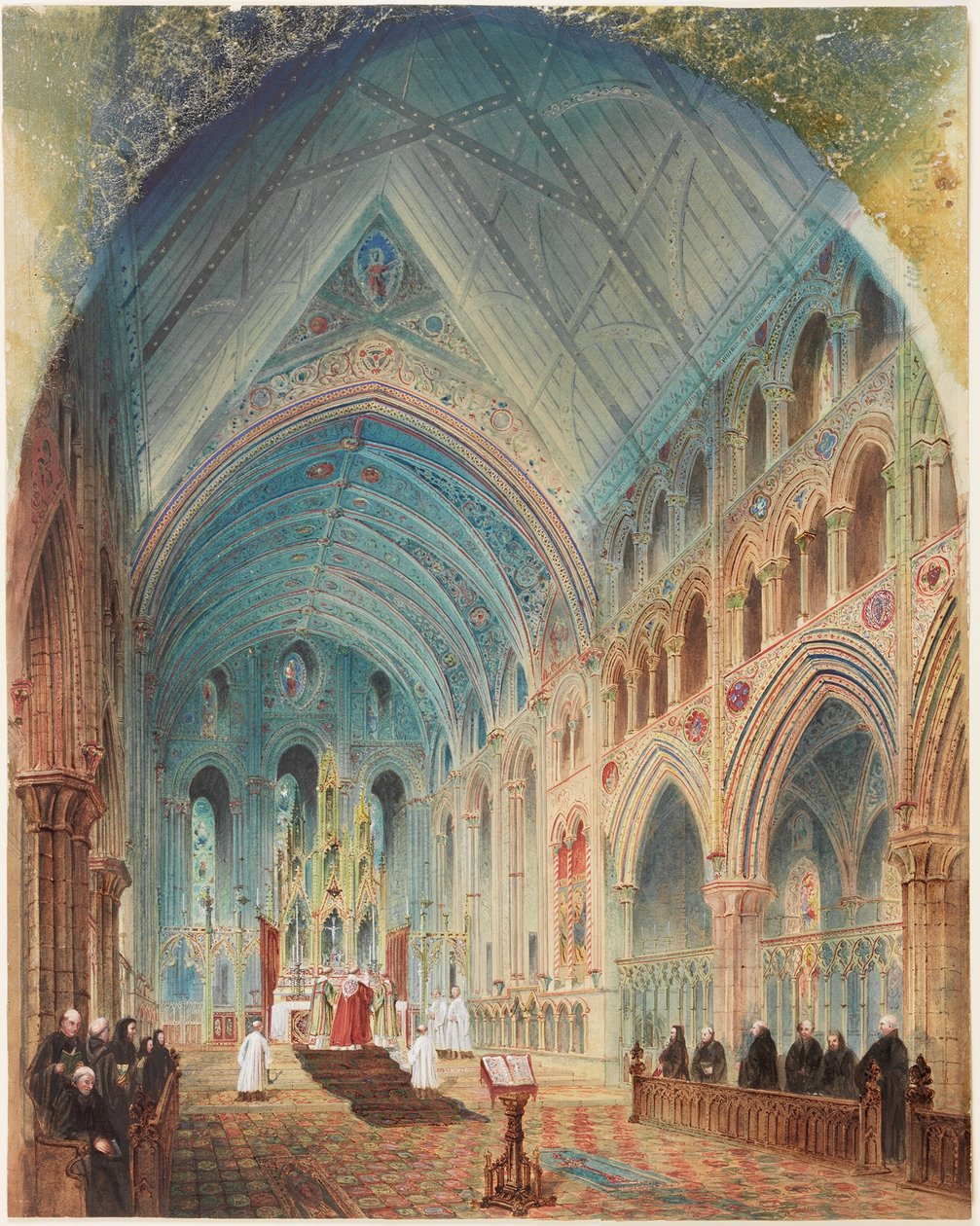 Tynemouth Priory, Interior - Conjectural Restoration (kroppsfarge, blyant og wc på papir) av John Storey