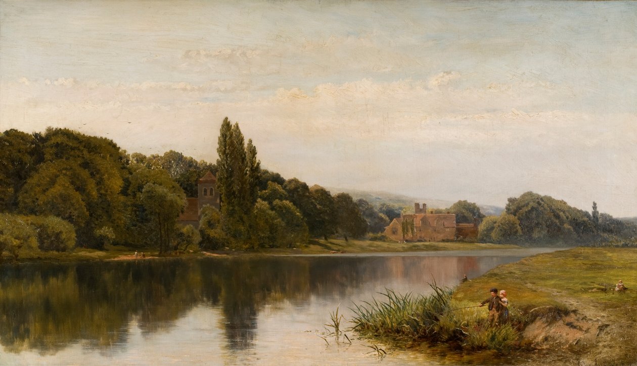 Summertime on Themsen, Bisham Church and Abbey, ca. 1875 av John Surtees