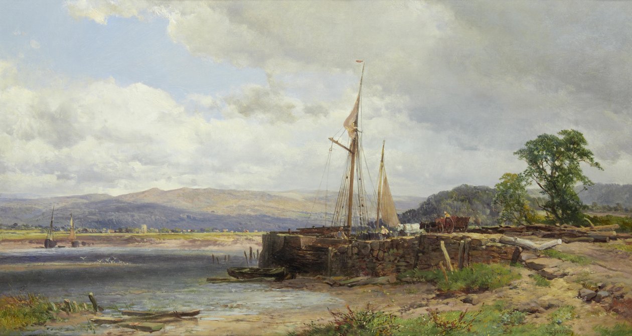 Estuary med strandede båter av John Syer Snr.