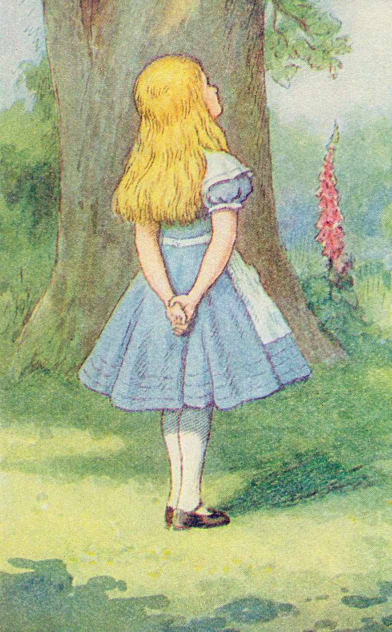 Alice and the Cheshire Cat, illustrasjon fra 'Alice in Wonderland' av Lewis Carroll (1832-9) (detalj av 264483) av John Tenniel