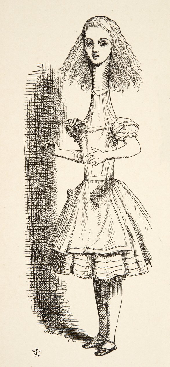 Alice blir høyere, fra Alices Adventures in Wonderland av Lewis Carroll (1832 - 98), utgitt 1891 av John Tenniel