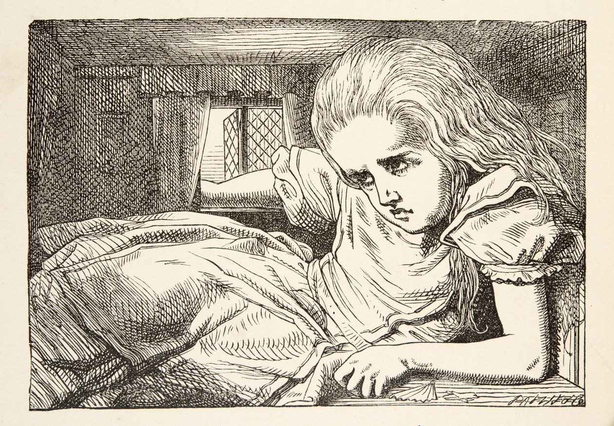 Alice blir for høy for rommet, fra Alices Adventures in Wonderland av Lewis Carroll (1832 - 98), pub. 1891 av John Tenniel