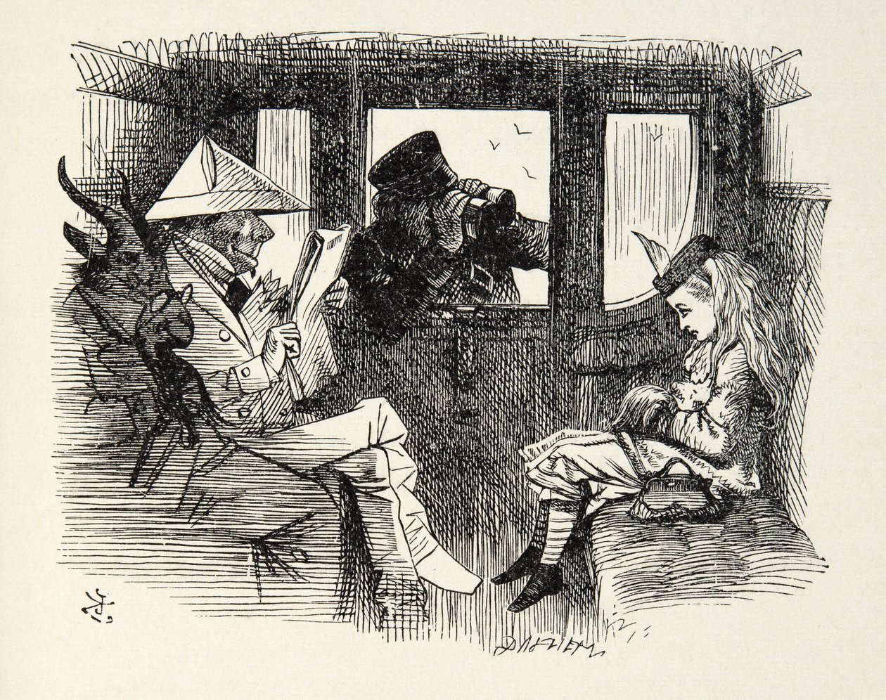 Alice in the Train Carriage, illustrasjon fra Through the Looking Glass av Lewis Carroll (1832 - 98), 1872 av John Tenniel