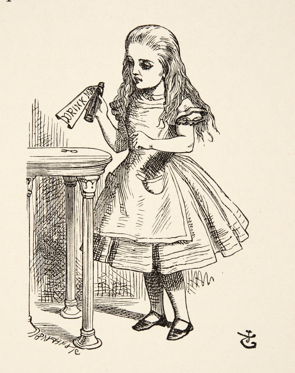 Alice ser på Drink Me-flasken, fra Alices Adventures in Wonderland av Lewis Carroll (1832 - 98), pub. 1891 av John Tenniel