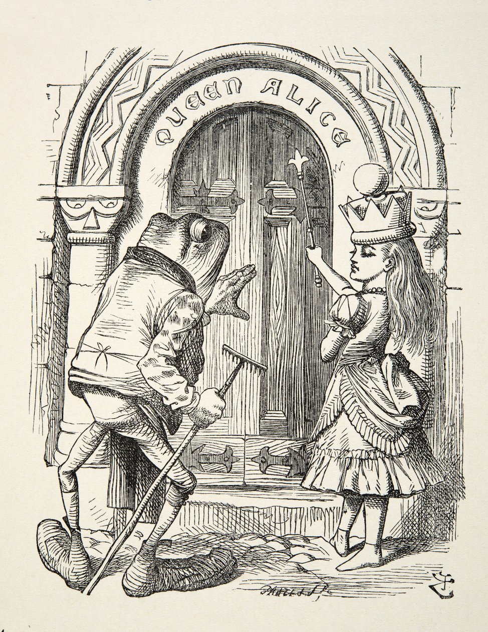Dronning Alice og frosken-illustrasjonen fra Through the Looking Glass av Lewis Carroll (1832 - 98), 1872 av John Tenniel