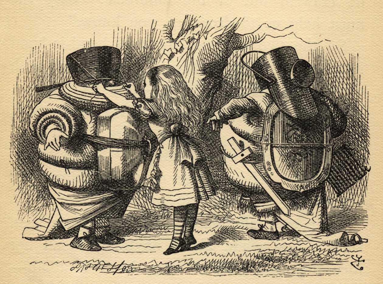The Battle over the Rattle, illustrasjon fra "Through the Looking Glass" av Lewis Carroll (1832-98) først publisert 1871 av John Tenniel