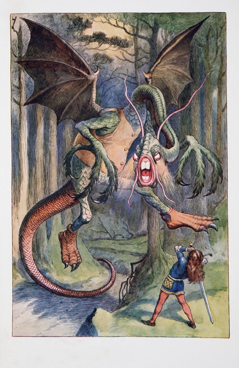 The Jabberwock, med øyne av flamme, kom susende gjennom Tulgey Wood, Alices Adventures In Wonderland And Through The Looking-Glass And What Alice Found There, av Lewis Carroll (1832 - 98), publis. av John Tenniel