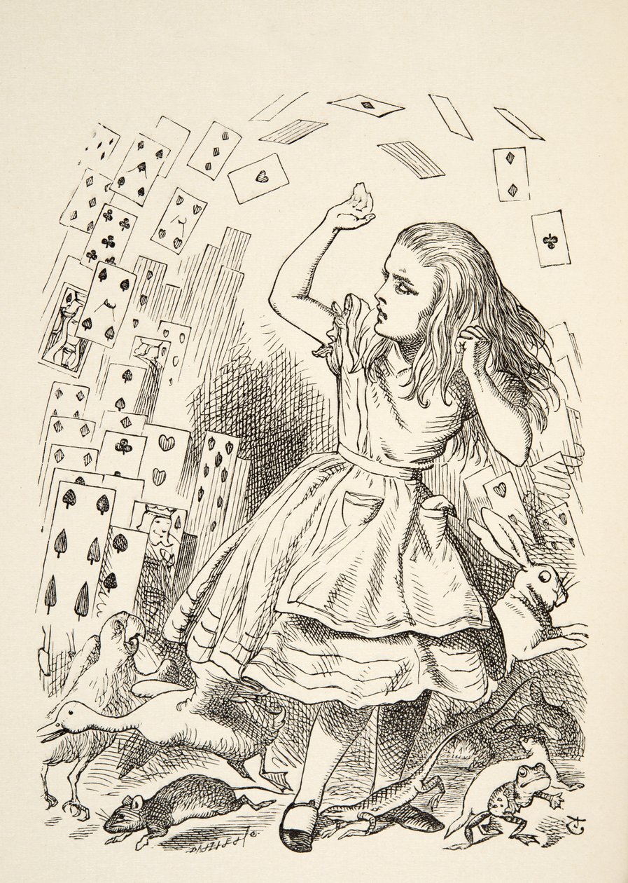 The Shower of Cards, fra Alices Adventures in Wonderland av Lewis Carroll (1832 - 98), utgitt 1891 av John Tenniel