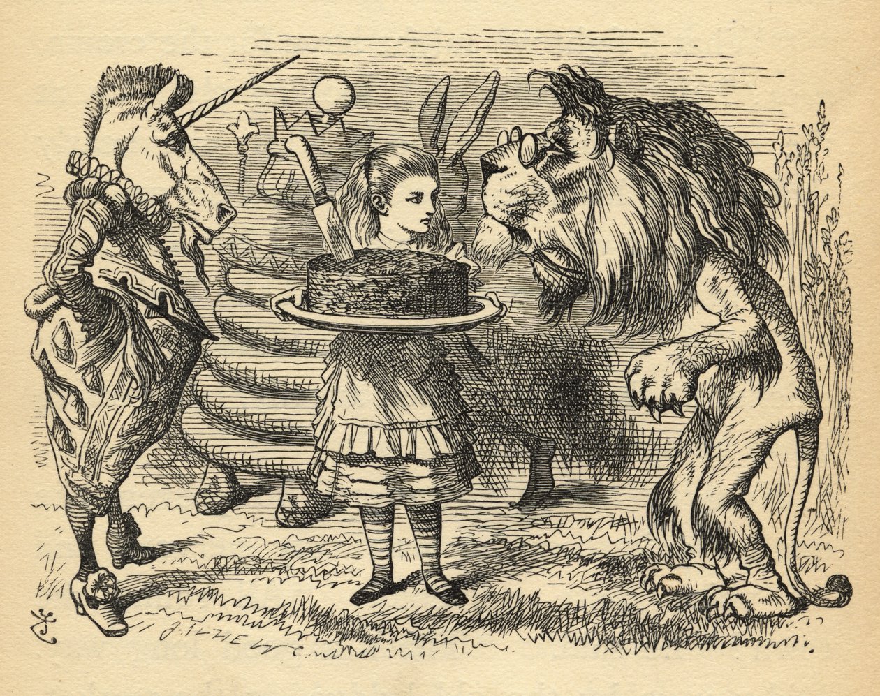 Delingen av kaken mellom løven og enhjørningen, illustrasjon fra "Through the Looking Glass" av Lewis Carroll (1832-98) først publisert 1871 av John Tenniel