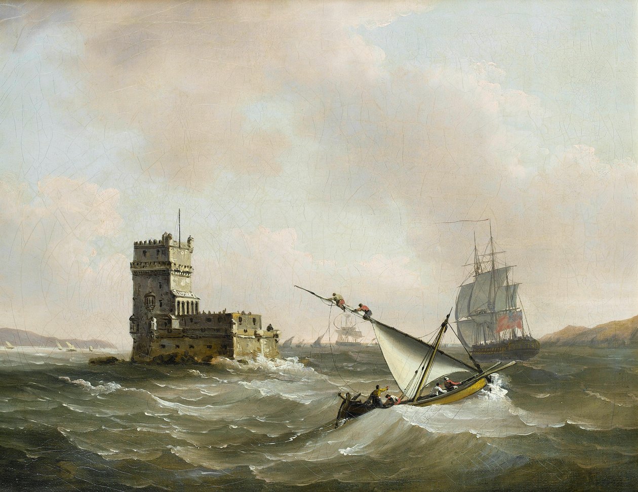 En engelsk fregatt i hakkete farvann i Tagus som passerer Belem -tårnet av John Thomas Serres
