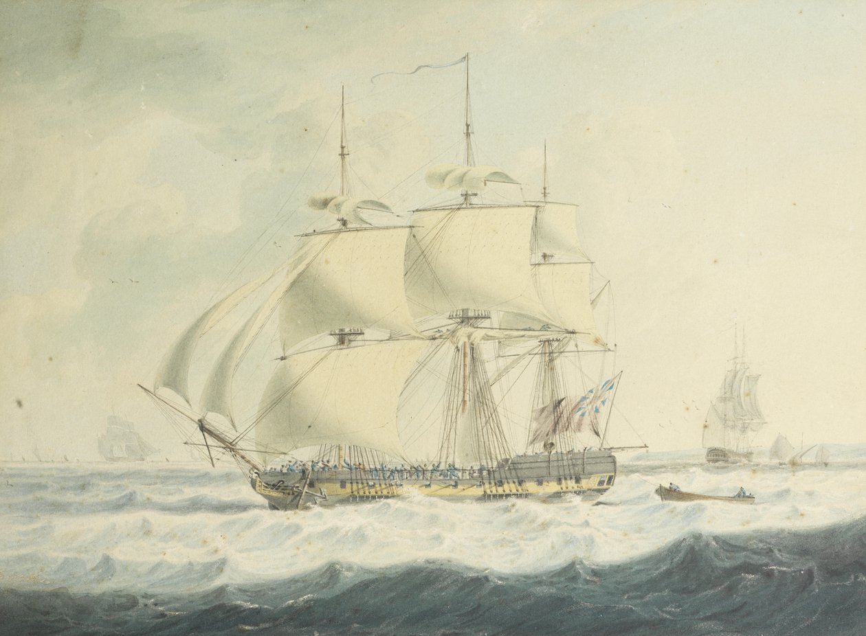 H.M.S. Dette løper nedover kanalen under redusert seil i hakkete forhold, med annen sjøfart i nærheten av John Thomas Serres