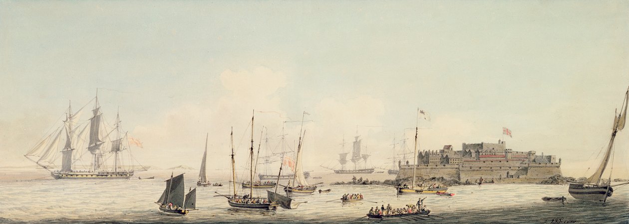 Utsikt over Castle Cornet, Guernsey, med frakt, ca. 1800 (wc med penn og svart blekk over grafitt på papir) av John Thomas Serres
