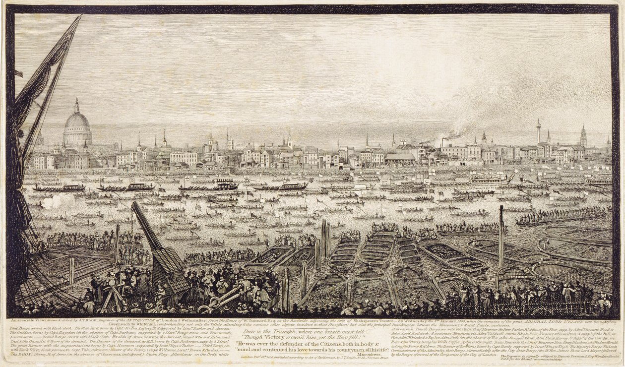 The Remains of Lord Nelson transporterte opp Themsen fra Greenwich til Whitehall, 8. januar 1806 av John Thomas Smith