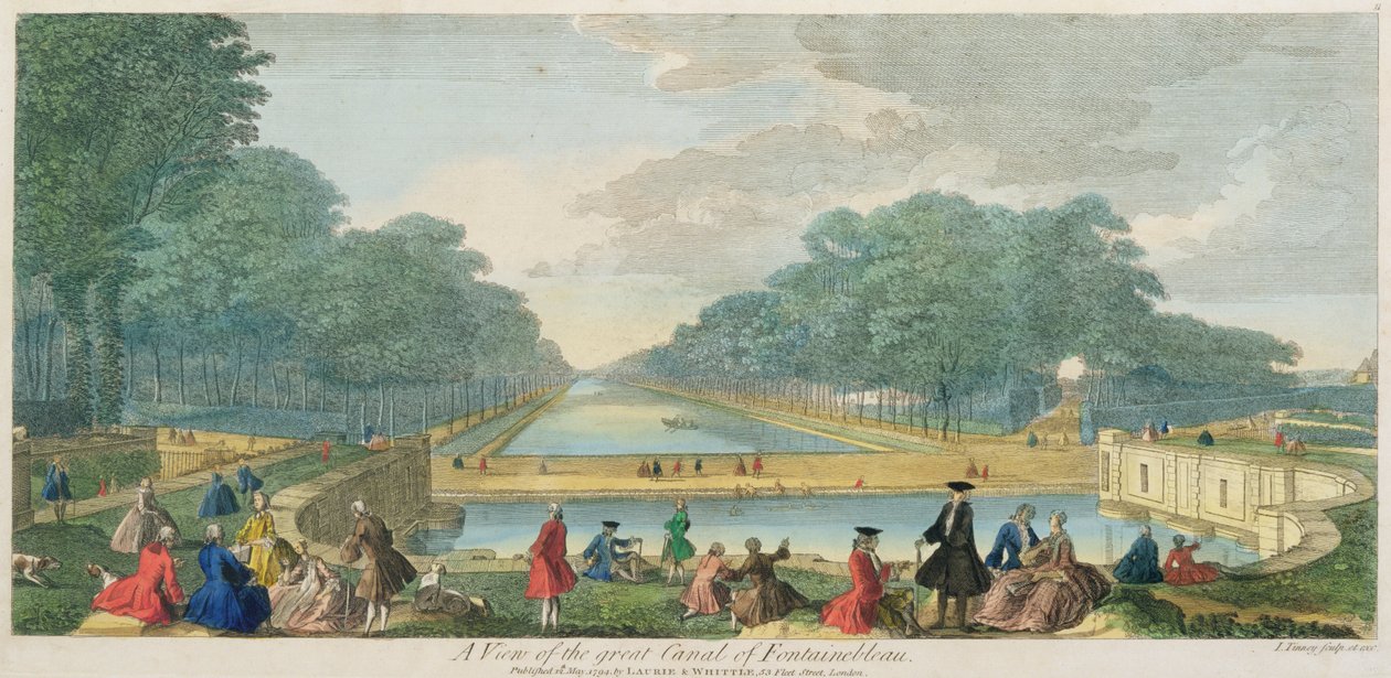 En utsikt over den store kanalen i Fontainebleau, utgitt 1794 (fargegravering) av John Tinney