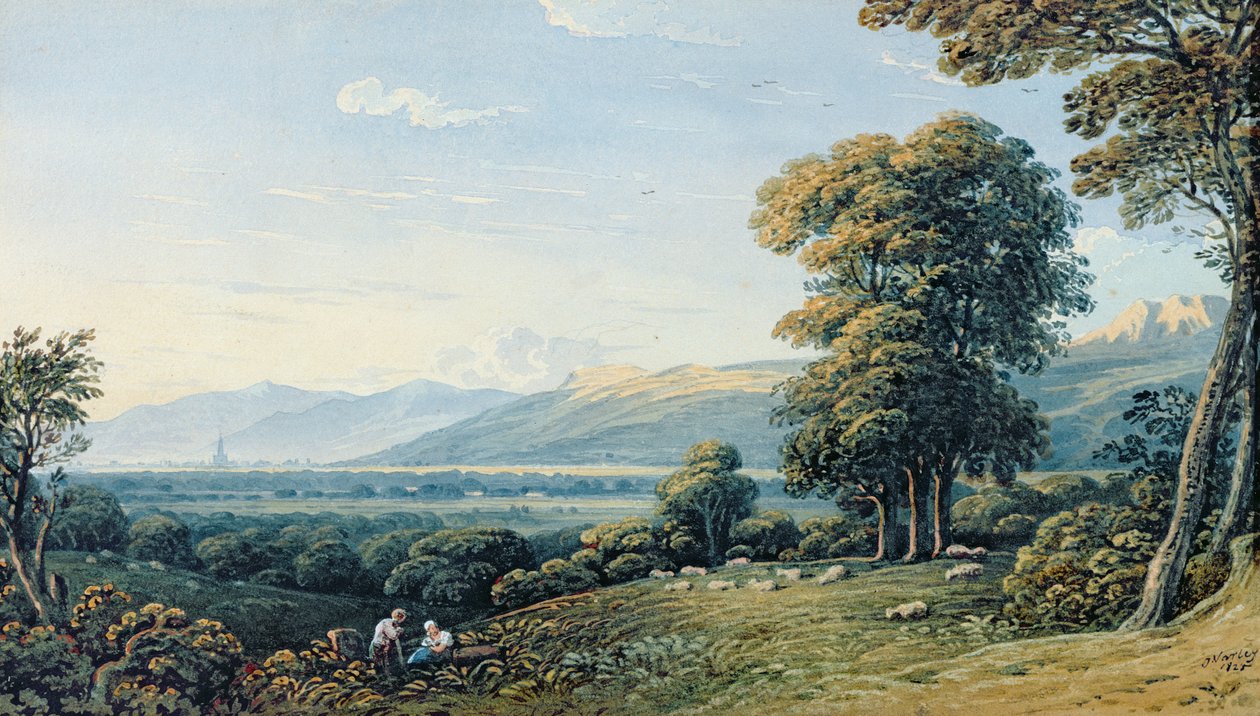 Figurer som hviler på en åsside med et kirkespir bortenfor, 1825 av John Varley